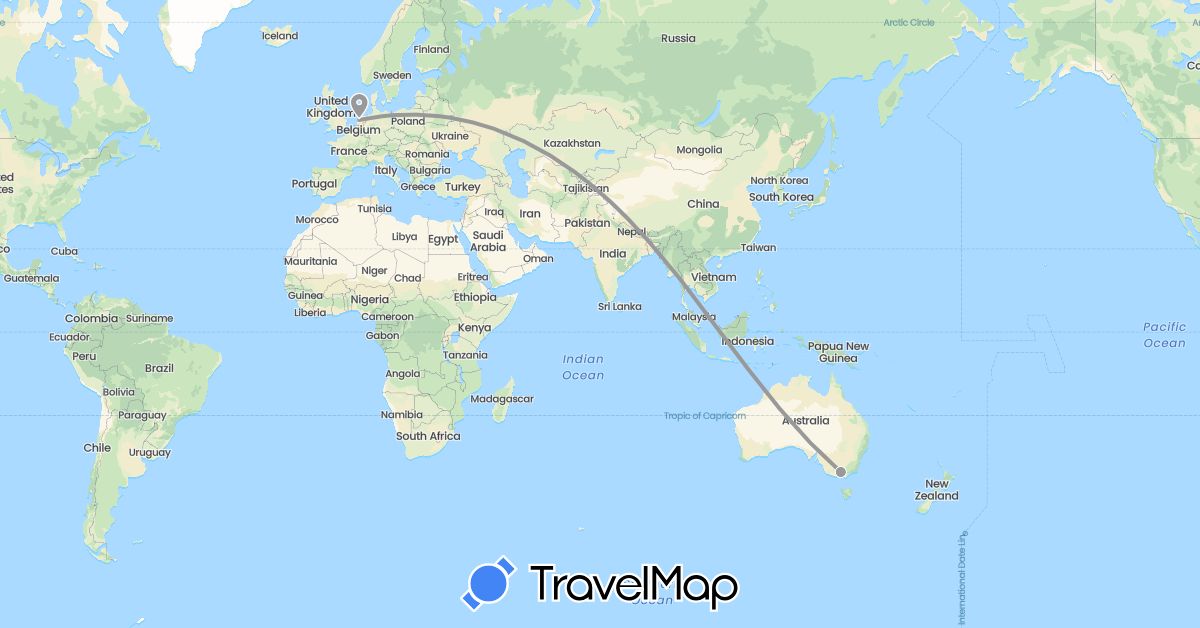 TravelMap itinerary: driving, plane in Australia, Netherlands (Europe, Oceania)