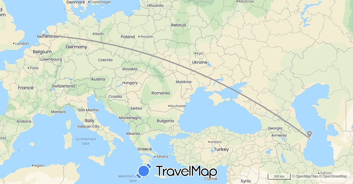 TravelMap itinerary: driving, plane in Azerbaijan, Netherlands (Asia, Europe)